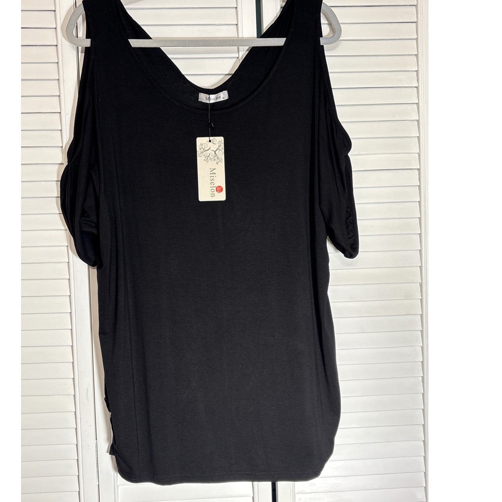 Miselon Womens XL Black Cold Shoulder Top Keyhole Back Short Sleeve Blouse NWT